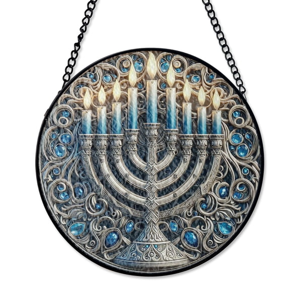 Hanukkah Menorah Festival Of Lights Suncatcher, Stained Glass Style UV Printed Glass, Jewish Holiday Decor, Round