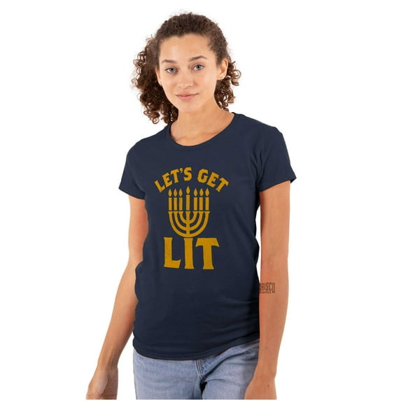 Hanukkah Menorah Let's Get Lit Womens Slim Fit Graphic Tee Brisco Brands L
