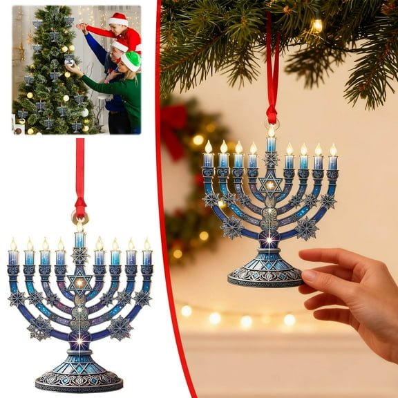 Hanukkah Menorah Ornament under $5! kkbbma Hanukkah Menorah Ornament, Star of Car Mirror Hanging, Jewish Holiday Decor, Winter Festival of Lights Decoration, Blue White Snowflake Design