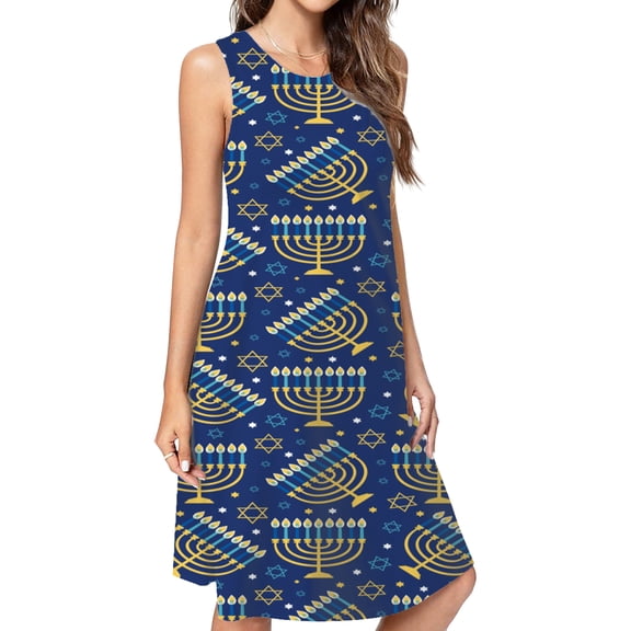 Hanukkah Menorah Seamless Pattern Spring Summer Dresses For Women Fashion Dress Casual Sleeveless Loose Sundress With Pockets