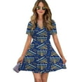 thumbnail image 1 of Hanukkah Menorah Seamless Pattern Women Dress V-Neck Short Sleeve Flowy Swing Party Midi Dress, 1 of 4