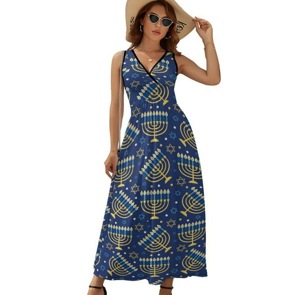 Hanukkah Menorah Seamless Pattern Womens Night Club Maxi Dress V Neck Sleeveless Bohemia Long Dresses