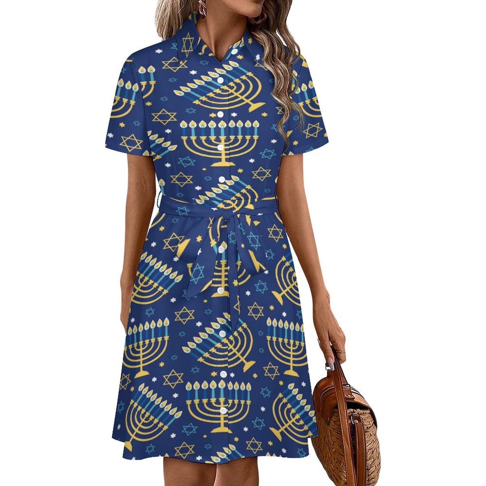 navy blue dress for baby girl Hanukkah Menorah Seamless Pattern Womens Shirt Dresses Women'S Short Sleeve  Dress Turn-Down Collar Dress A Line Casuall Dress Oversize(XS-6XL)