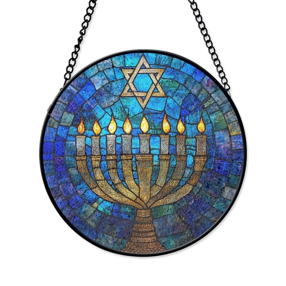 Hanukkah Menorah Stained Glass Suncatcher, Star of David Jewish Window Decor, Faith Gift