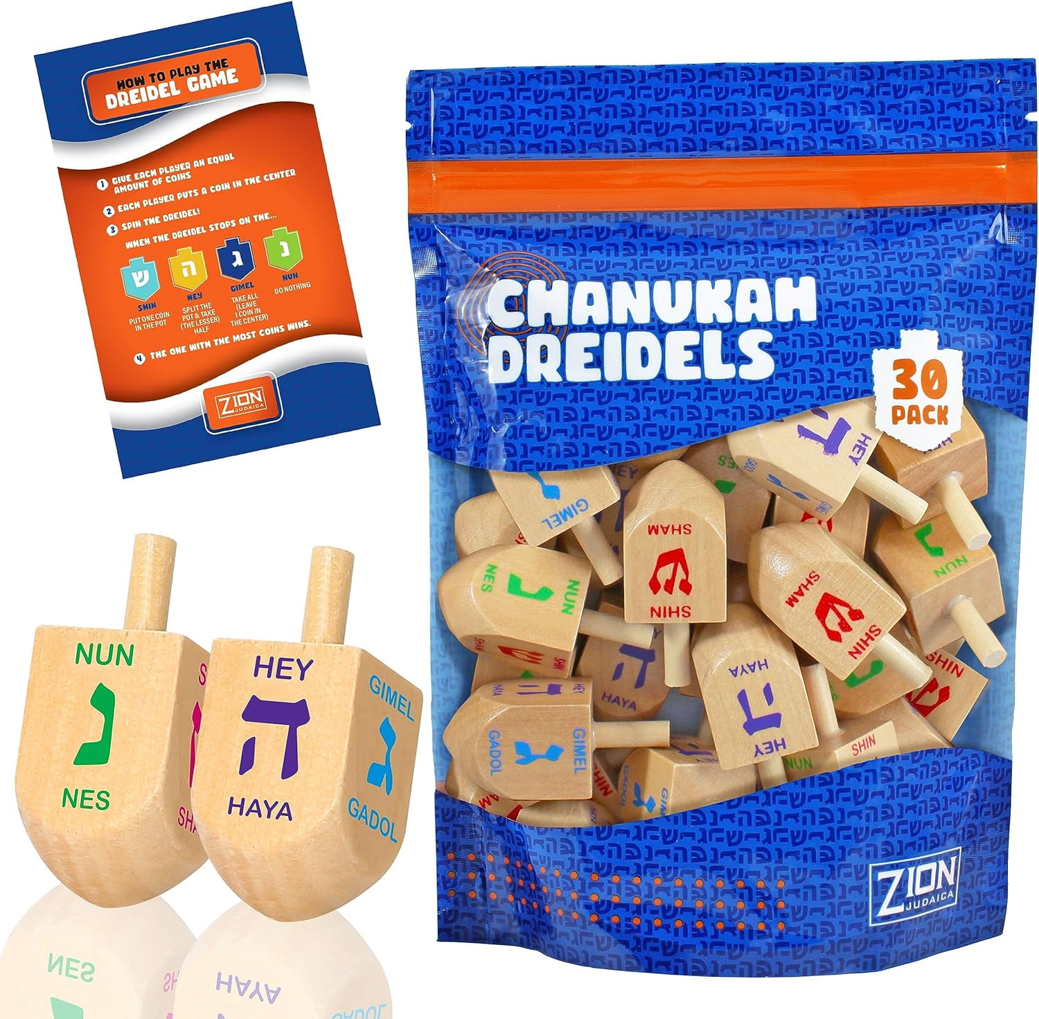 Hanukkah Natural Wood Dreidels Medium Sized Chanukah Dreidel Comes with Dreidel Game Guide in a Reusable Ziplock Bag Bulk Dreidelech for Kids and Adults Hanukkah Game By Zion Judaica - 30 Pack