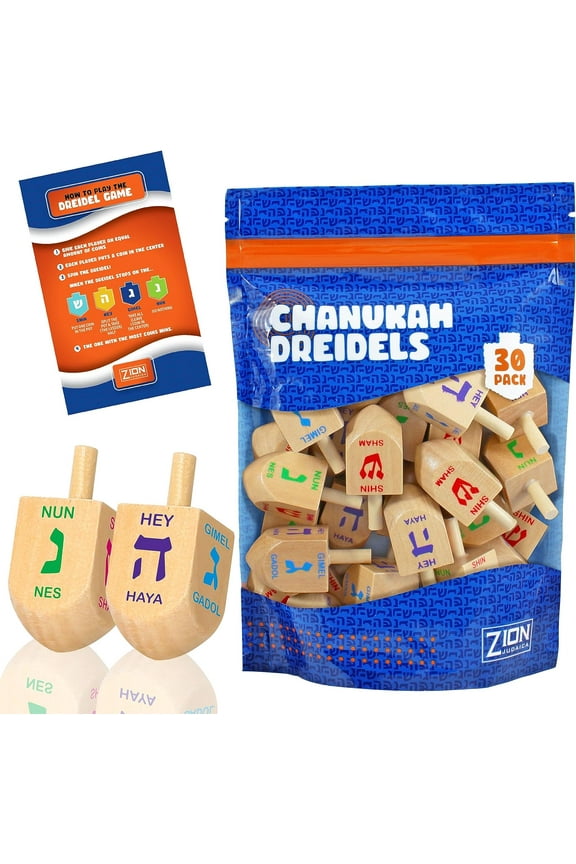 Hanukkah Natural Wood Dreidels Medium Sized Chanukah Dreidel Comes with Dreidel Game Guide in a Reusable Ziplock Bag Bulk Dreidelech for Kids and Adults Hanukkah Game By Zion Judaica - 30 Pack