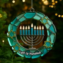 Hanukkah Ornament 2025 – Blue & Gold Jewish Hanukkah Decoration, Round Stained Glass Ornament for Tree or Window, for Families & Jewish Home Décor Fans