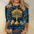 thumbnail image 1 of Hanukkah Pajama Tops for Women Plus Size 3/4 Sleeve Menorah Print T-Shirt,Loose Fit Crewneck Tops for Family, 1 of 5