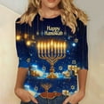 thumbnail image 1 of Hanukkah Pajama Tops for Women Plus Size 3/4 Sleeve Menorah Print T-Shirt,Loose Fit Crewneck Tops for Family, 1 of 5