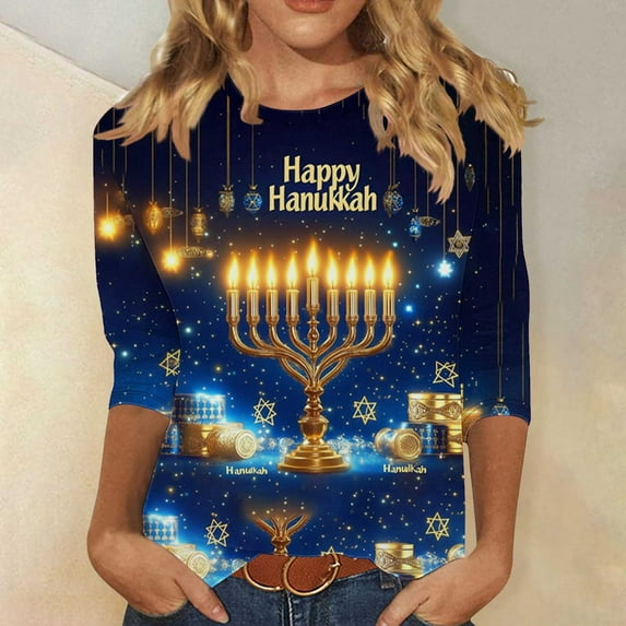 Hanukkah Pajama Tops for Women Plus Size 3/4 Sleeve Menorah Print T-Shirt,Loose Fit Crewneck Tops for Family