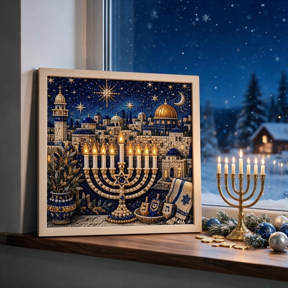 Hanukkah Pearl Diamond Art DIY Kit, Hanukkah Pearl Art Kits with Pre-Printed Canvas & Display Frame, Holiday Hanukkah Wall Decor for Home Party, C
