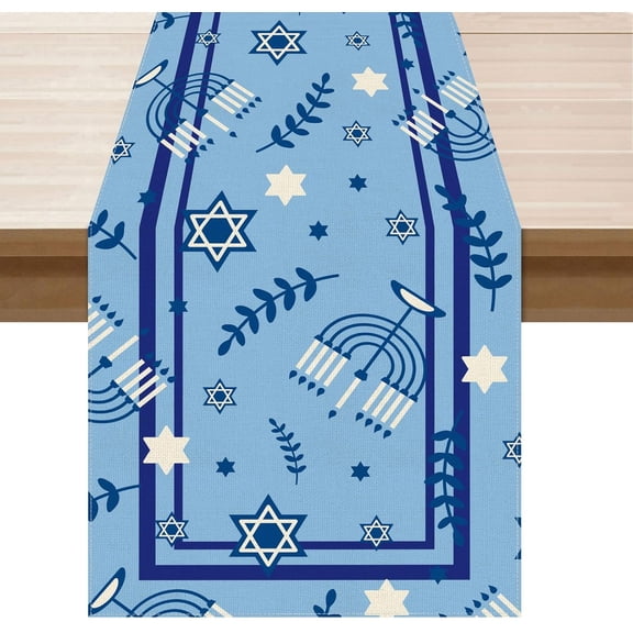 Hanukkah Six-Pointed Star Blue Olive Leaf Chanukah Menorah Table Runner Table Decoration for Party Home Kitchen Dining Holiday Decor 13.8x71 Inch