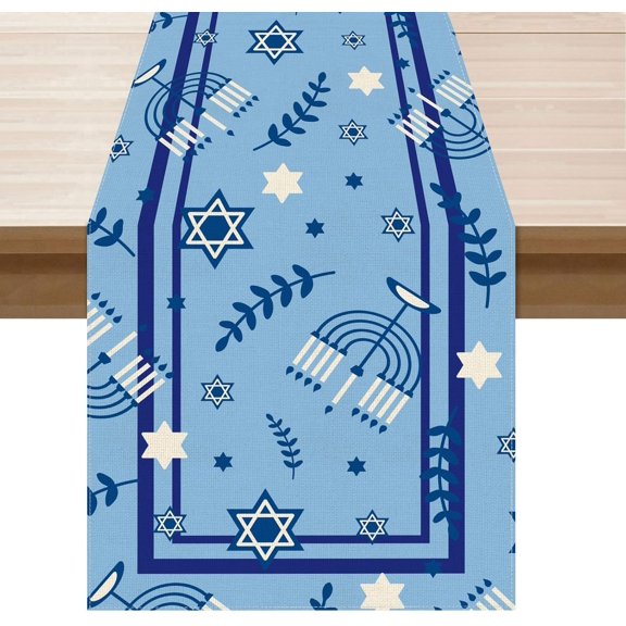 Hanukkah Six-Pointed Star Blue Olive Leaf Chanukah Menorah Table Runner Table Decoration for Party Home Kitchen Dining Holiday Decor 13x36 Inch