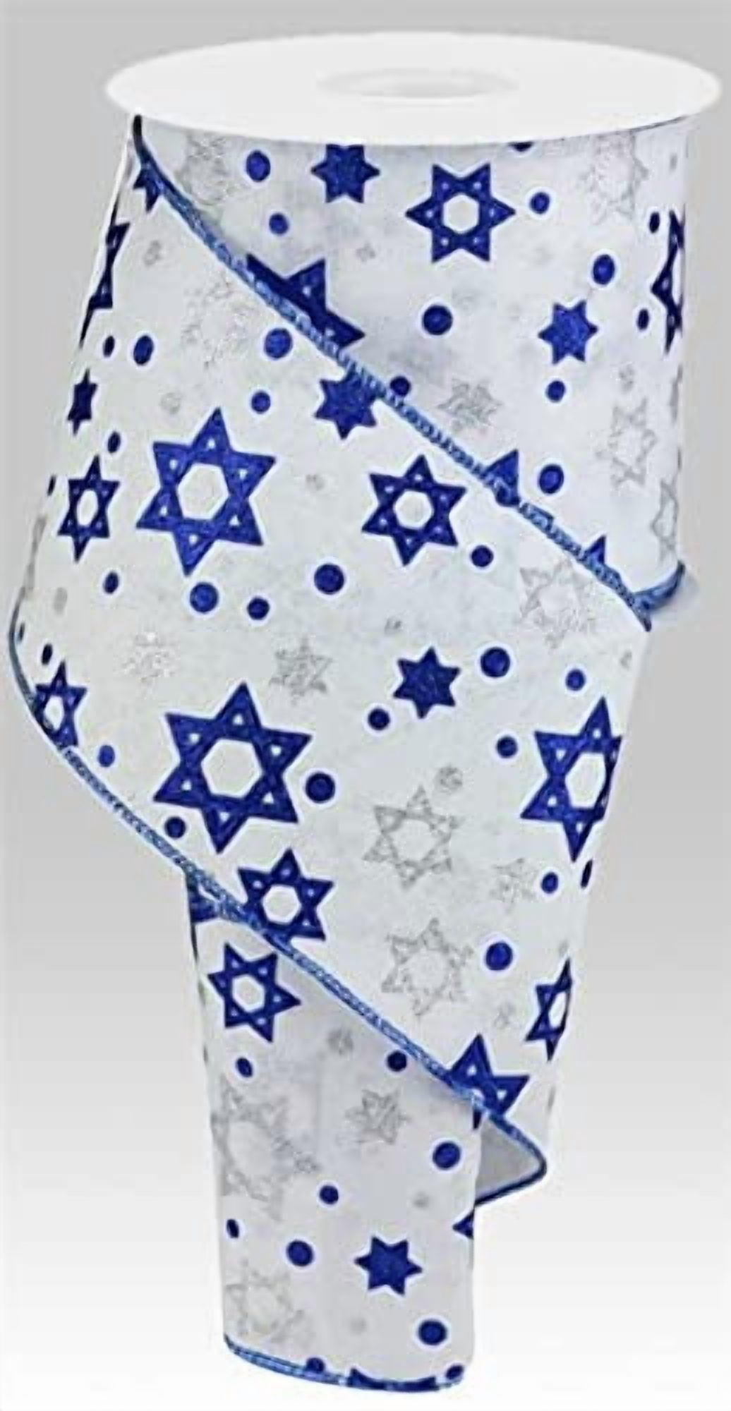 Hanukkah Star of David White Blue Silver Royal Wired Edge Ribbon - 10 Yards (30 Feet, 4")