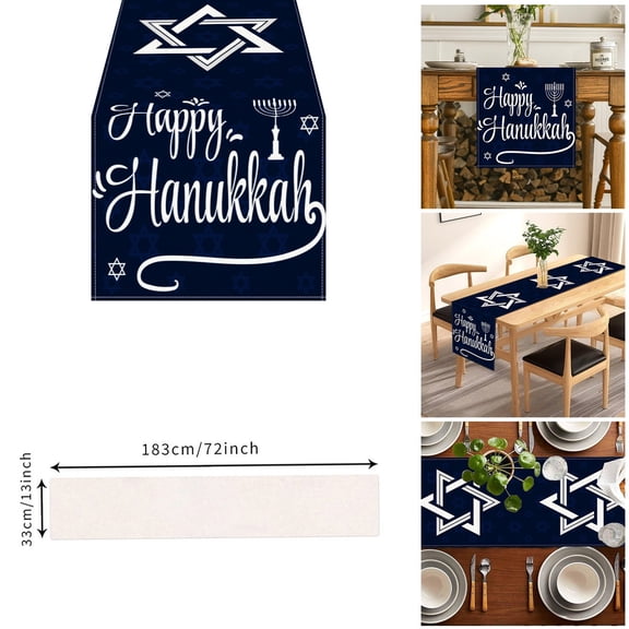 Hanukkah Table Runner Star Of David Design Holiday Dining Kitchen Tablecloth Festival Menorah Candle Celebration37047
