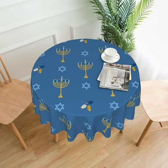 Hanukkah Tablecloth Round Happy Hanukkah Menorah Candle Table Cloth 60 Inch Washable Polyester Table Cover for Kitchen Party Picnic Dining Decor