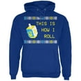 thumbnail image 1 of Hanukkah This is How I Roll Dreidel Ugly Christmas Sweater Mens Hoodie Deep Royal LG, 1 of 1