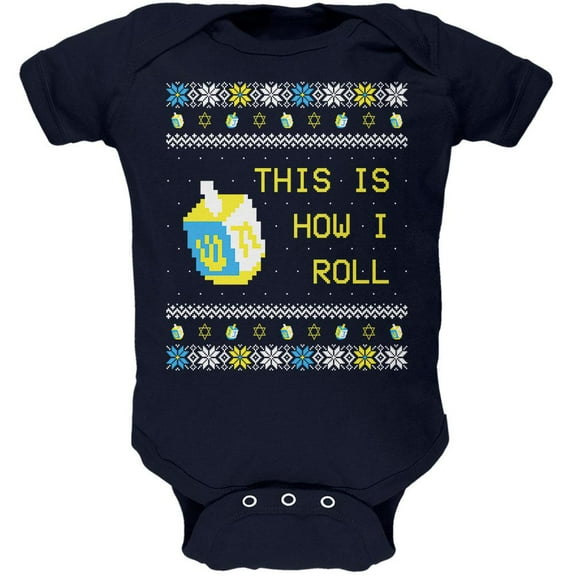 Hanukkah This is How I Roll Dreidel Ugly Christmas Sweater Soft Baby One Piece Navy 9-12 M