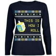 thumbnail image 1 of Hanukkah This is How I Roll Dreidel Ugly Christmas Sweater Womens Long Sleeve T Shirt Navy SM, 1 of 1