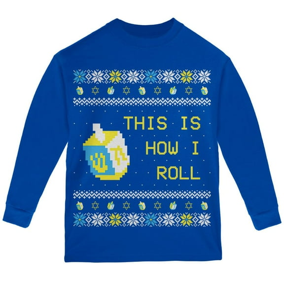 Hanukkah This is How I Roll Dreidel Ugly Christmas Sweater Youth Long Sleeve T Shirt Royal YMD
