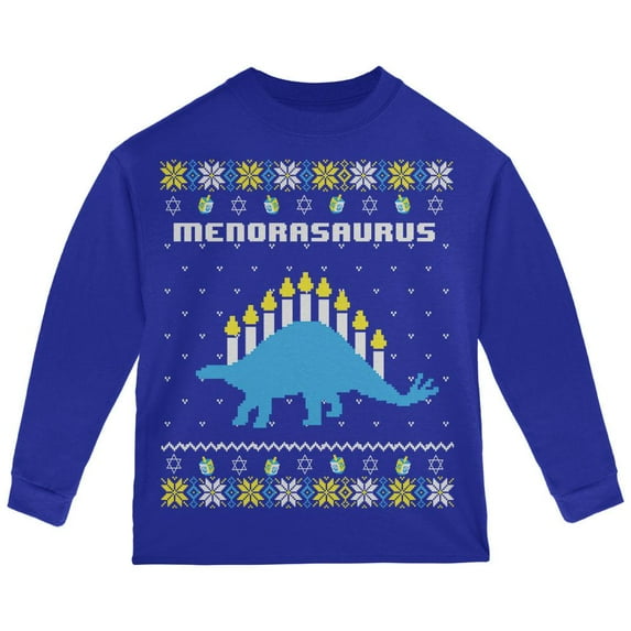 Hanukkah Ugly Sweater Menorasaurus Menorah Stegasaurus Toddler Long Sleeve T Shirt Royal 4T
