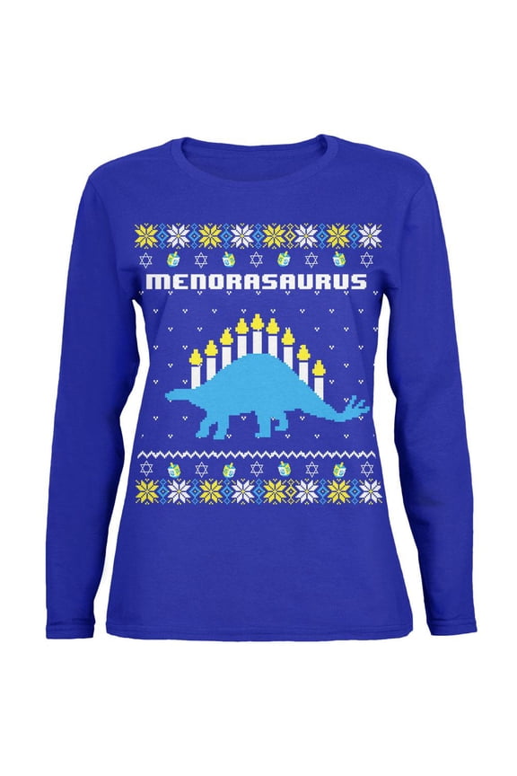 Hanukkah Ugly Sweater Menorasaurus Menorah Stegasaurus Womens Long Sleeve T Shirt