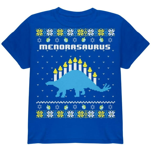 Hanukkah Ugly Sweater Menorasaurus Menorah Stegasaurus Youth T Shirt Royal YMD