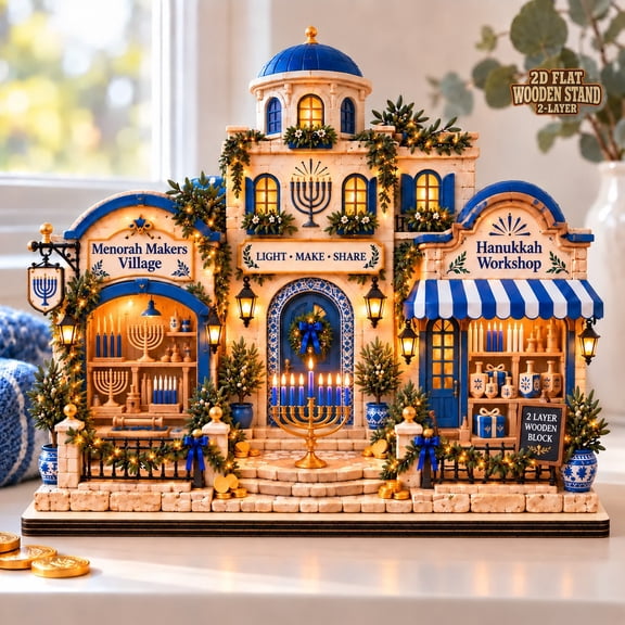 Hanukkah Village Wooden Block, 2-Layer Menorah Makers Tabletop Display for Jewish Celebrations