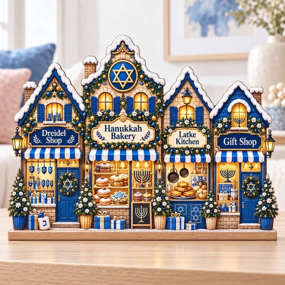 Hanukkah Village Wooden Stand Menorah Decor for Shelf Judaica Gift