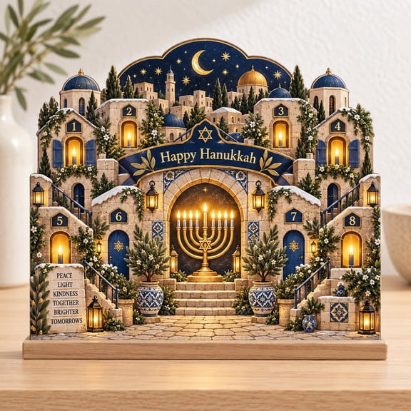 Hanukkah Village Wooden Stand Menorah Design Jewish Holiday Shelf Decor