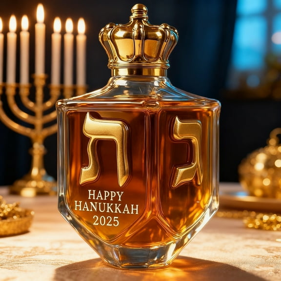 Hanukkah Whiskey Bottle,Hanukkah Dreidel Whiskey Bottle Judaica Glass Liquor Decanter with Golden Letters Crown Cap Menorah Decoration Gift for Festival Home Bar Display Edition Holiday