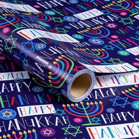 Hanukkah Wrapping Paper Roll, Colorful 'Happy Hanukkah' Lettering, the Star of David, Candles Chanukah Design for Jewish Party Holiday, 17 inches x 32.8 Feet