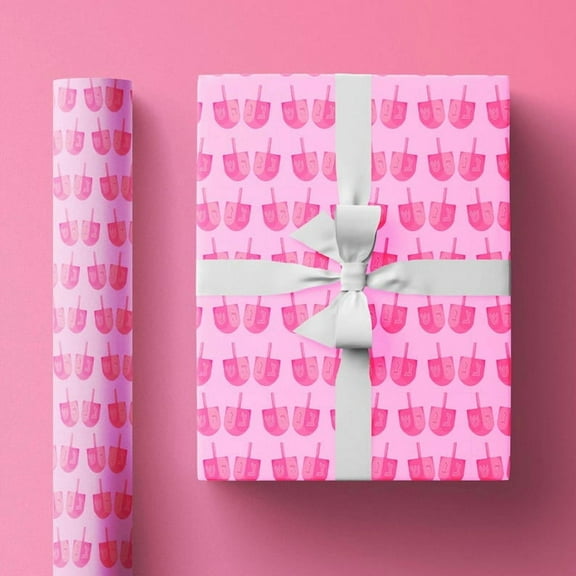 Hanukkah Wrapping Paper Roll, Pink Dreidel Print & Pattern, Pretty Holiday Gift Wrap with Spinning Dreidel Illustrations, Girly Design Christmas Wrapping Paper Gift