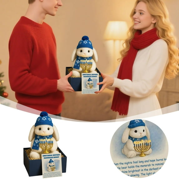 Hanukkah and Christmas Festive Bunny Toy with Menorah Themed Outfit for Holiday Season Celebrations and Joyful Giving