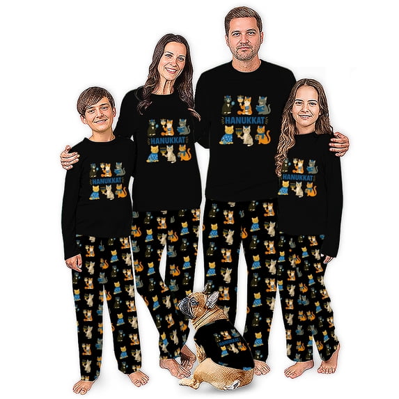 Hanukkat Cat Matching Family Pajamas With Dog, Hanukkah Cat Holiday PJs, Menorah Kitty Pajama Set, Plus Sizes