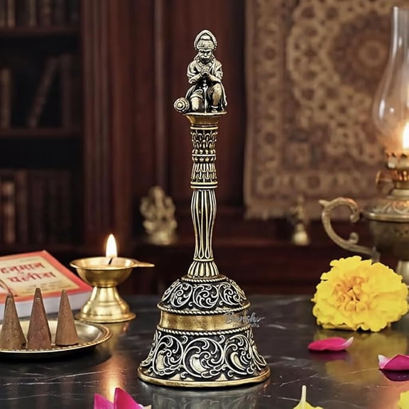 Hanuman Pooja Bell | Handcrafted Antique Finish Hanuman Ji Ghanti for Mandir, Home Temple, Aarti & Spiritual Dcor | Decorative Brass Prayer Bell