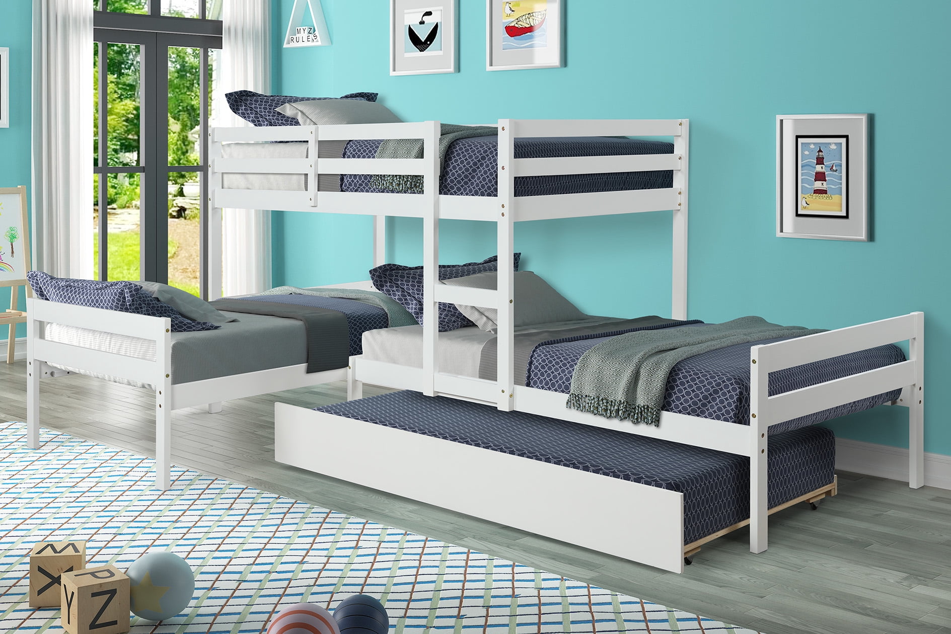 Hanway L-Shaped Bunk Bed with Trundle Solid Pine Wood Easy