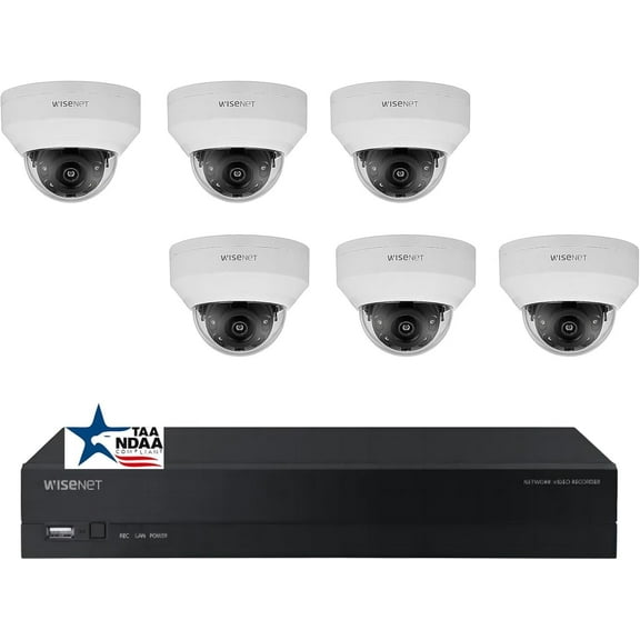 Hanwha A-Series 8 Channel PoE IP Camera System, NDAA TAA Compliant for Government Projects, ARN-810S 8 CH 4K H.265 NVR with 6 pcs ANV-L7012R 4MP IP PoE Dome Weatherproof IP Cameras 2TB Storage