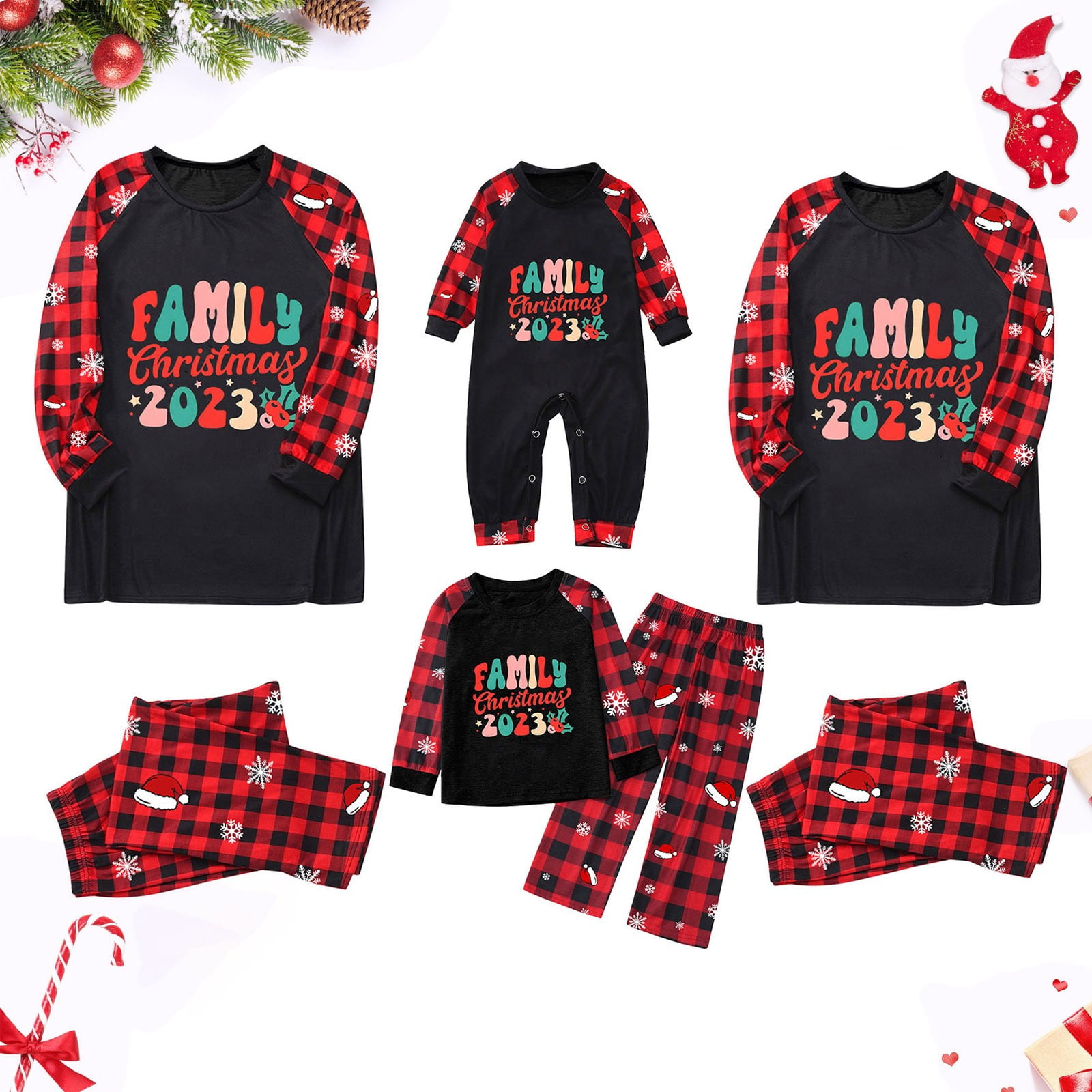 Hanzidakd 2024 Christmas Family Matching Pajamas Set Crew Neck Long