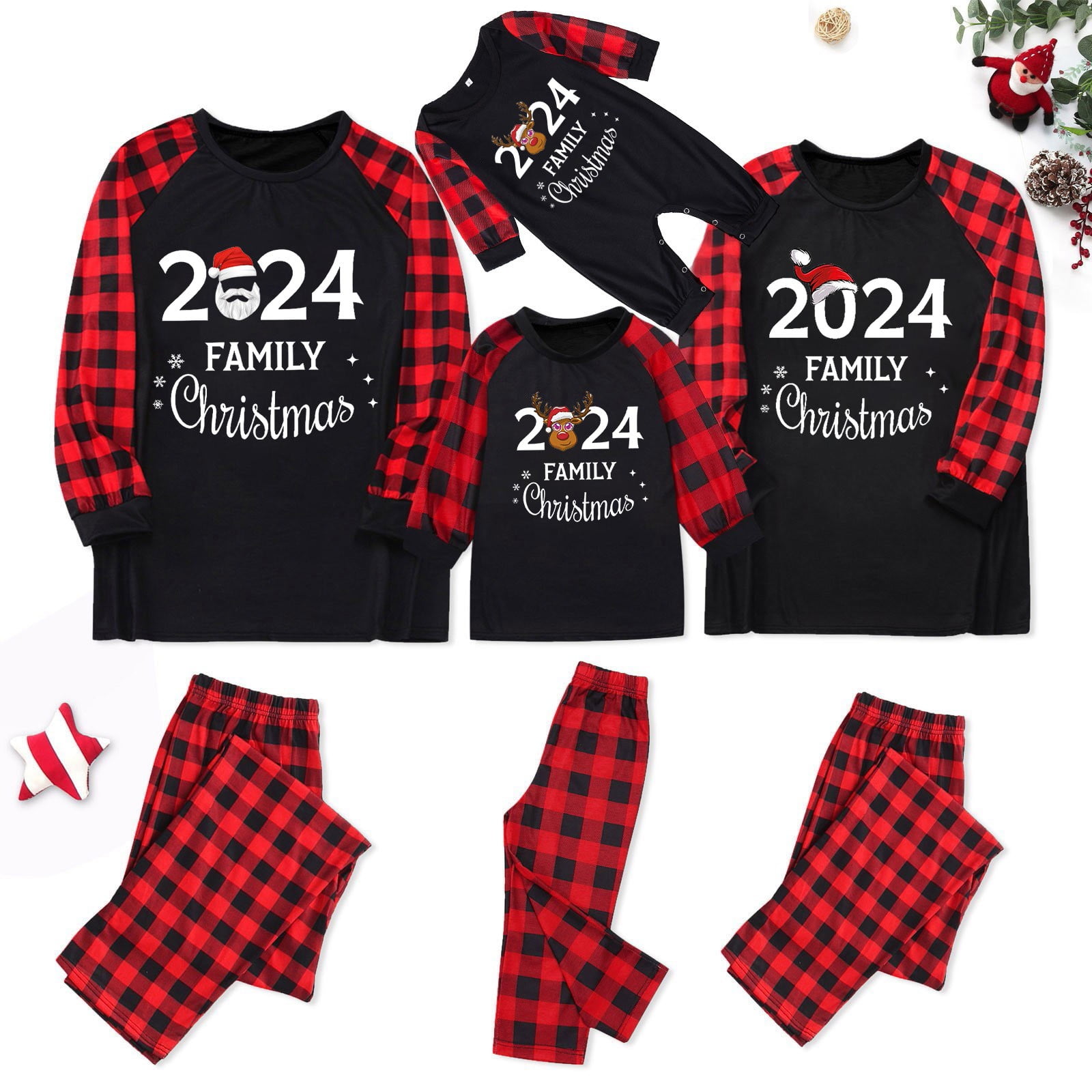 Hanzidakd 2024 Christmas Family Matching Pajamas Sets Crew Neck Long