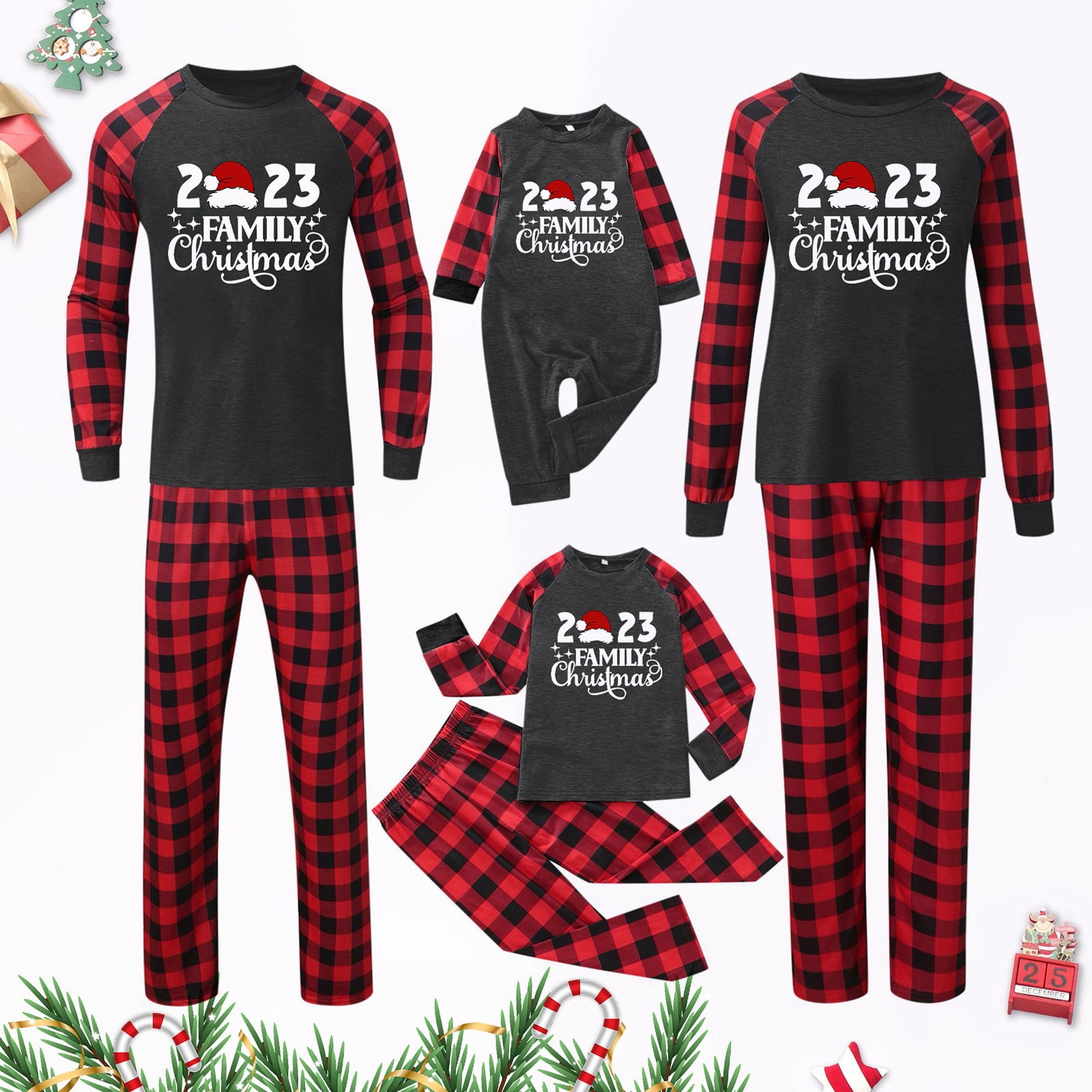 Hanzidakd 2024 Family Christmas Pjs Matching Sets Crew Neck Long Sleeve