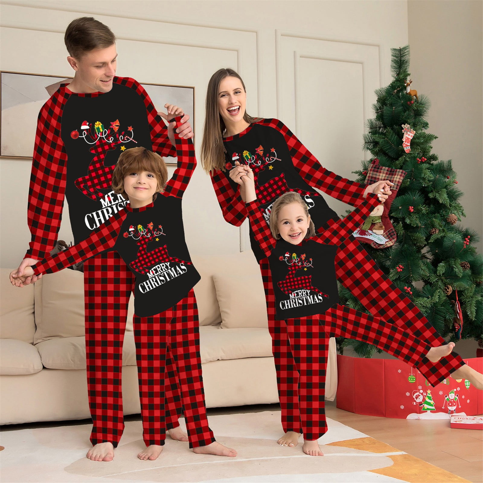 Hanzidakd 2025 Family Christmas Pjs Matching Sets Crew Neck Long Sleeve