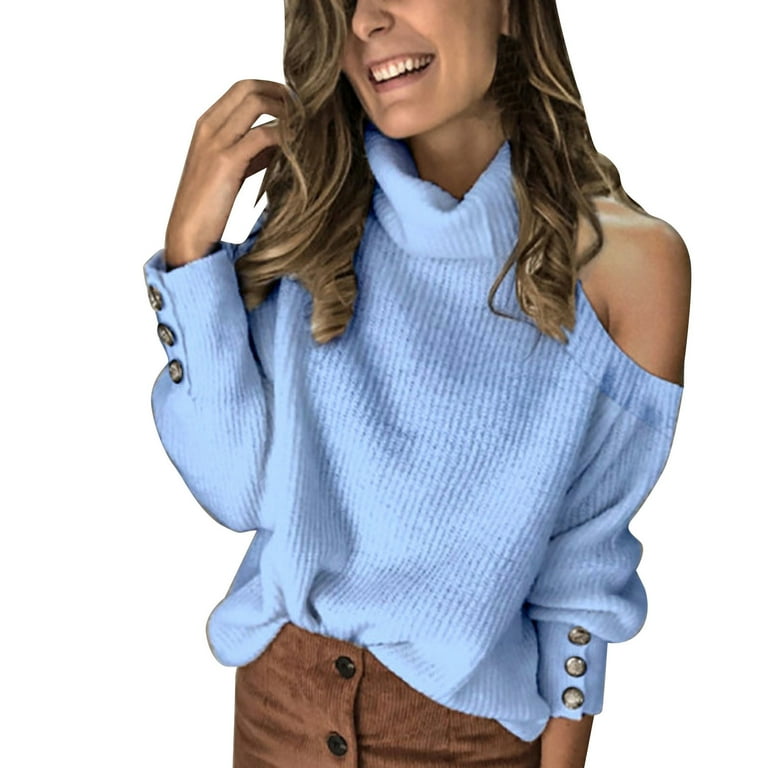 Hanzidakd T Shirts For Women Casual Tops Winter Fall Long Sleeve Ladies Elegant Sweater Loose Fashion Solid Color Button Off Shoulder Scarf Warm Soft