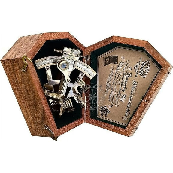 Hanzla Collection Antique Brass Nautical Sextant with Wooden Box, Kelvin & Hughes 1917 London Sextant for Mariners Surveyors, Navigation Instruments Sextant, Vintage Style Wedding & Graduation Gift