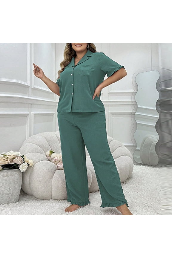 2 Pack Women's Pajamas Plus Size Long Sleeve Shirt and Long Pants Button Up Shirt Soft Sleepwear V-neck Pjs Loungewear s Solid Color Sleepshirts 1X to 4X
