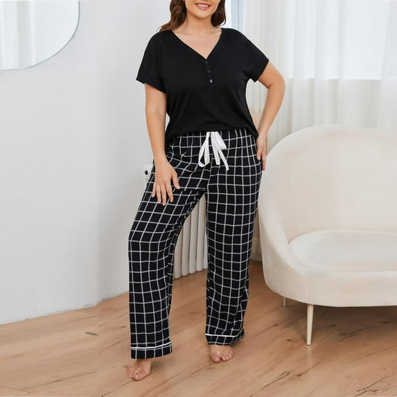 HaoXianJian 2 Pack Womens Pajama s Short Sleeve with Plaid Long Pajama Pant Soft Sleepwear Pjs Loungewear s Plus Size 3X 4X 5X