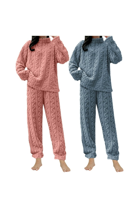 2 Sets Fluffying Pajamas Set for Women Flip collarSoft Comfy Fleece Pjs Pullover Pants Loungewear for Winter