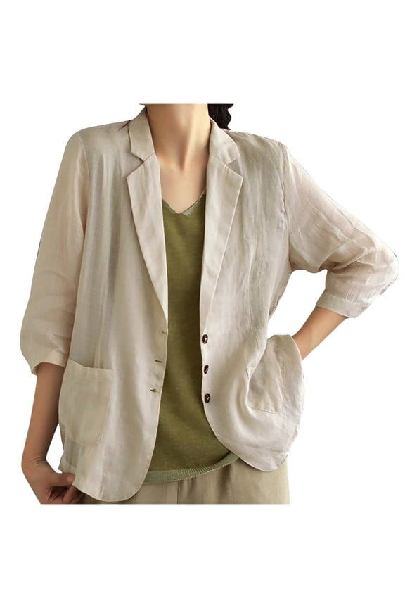 2025 Women's Summer Linen Blazer 3/4 Sleeve Lightweight Loose Fits Elegant Casual Work Jacket Lightweight Tops & Blouses for Women Work Suit