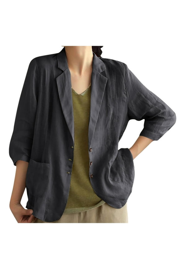 2025 Women's Summer Linen Blazer 3/4 Sleeve Lightweight Loose Fits Elegant Casual Work Jacket Lightweight Tops & Blouses for Women Work Suit
