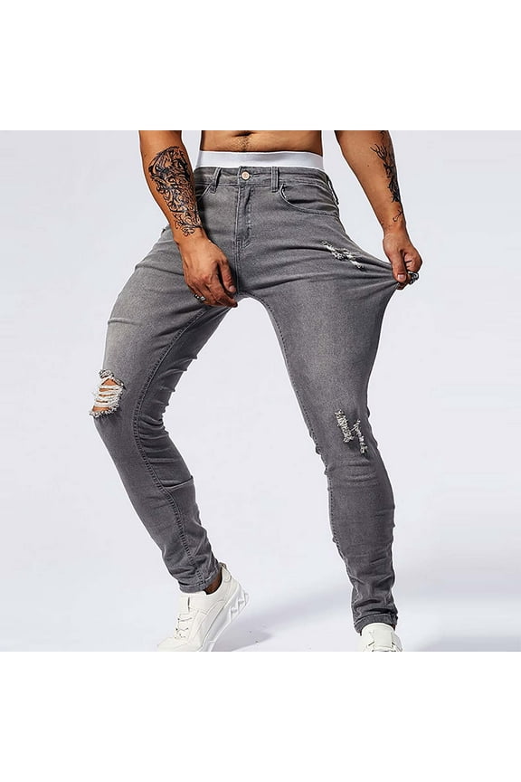 Fashion Blue Men's Pants Slim Fits Washed Jeans Stretch Destroyed Ripped Skinny Jeans Denim Pants Leg Streetwear Comfortable Male Pants Tapered Leg Pant